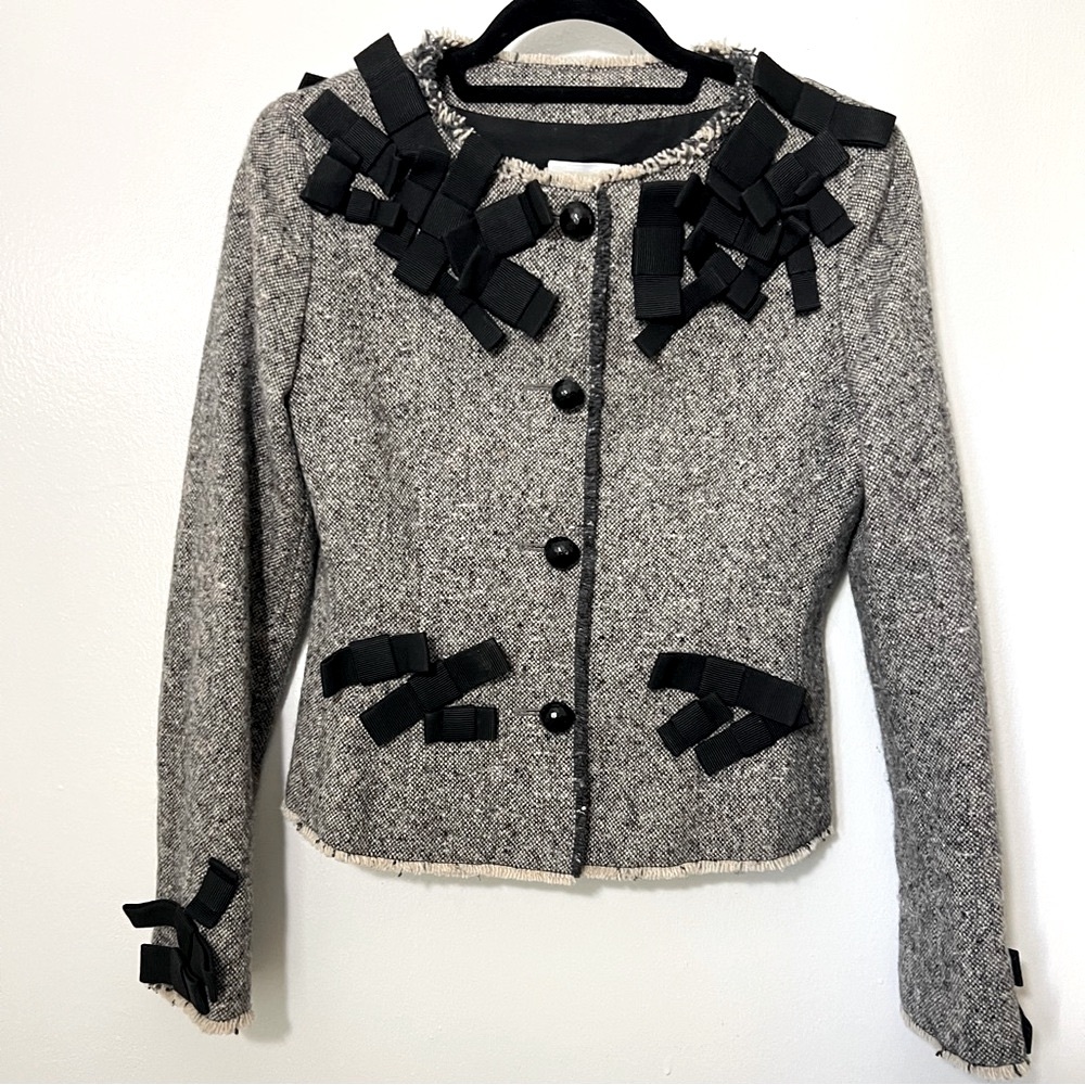 Vintage Moschino Italian Virgin Wool Tweed Y2K/2010s Ribbon Bows Blazer Sz 42 /